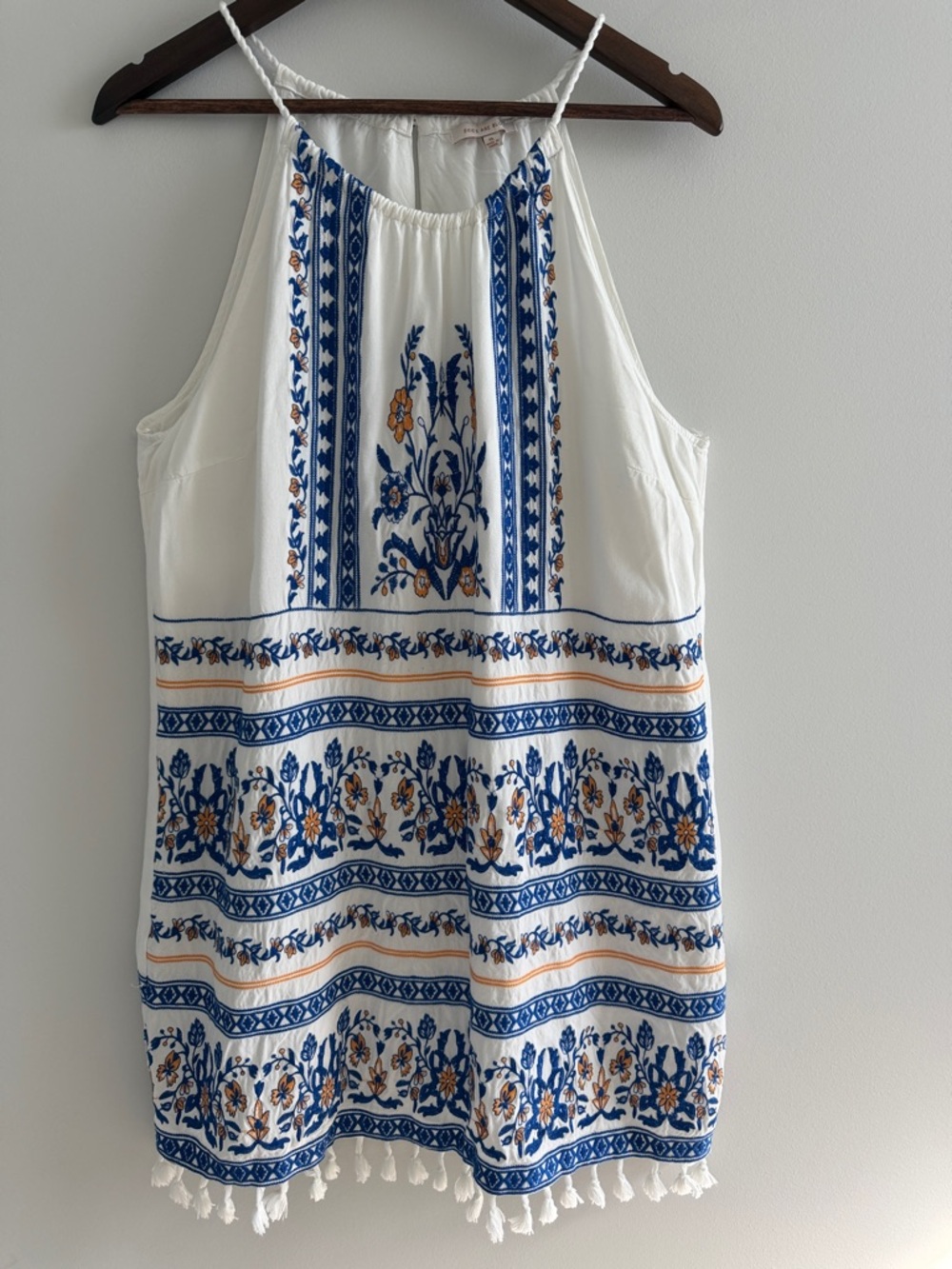 Skies Are Blue Embroidered Tassel Hem Boho Mini Dress Blue White XL